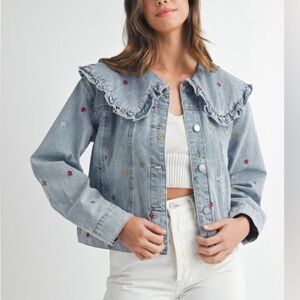 NWT Anthropologie Mable Embroidered Peter Pan Collar Denim Jacket